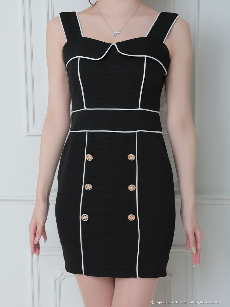 キャバドレス an アン パイピングデザイン ウエストマーク ノースリーブ ダブルボタン タイトミニドレス