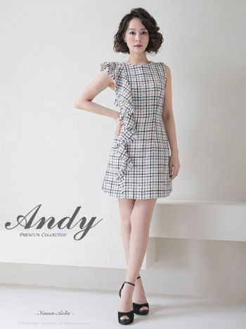 Andy [アンディ]ツイード チェック柄 フリル ワンピース 台形スカート 高級ミニドレス[ブラック][青田夏奈/キャバドレス着用][2710]