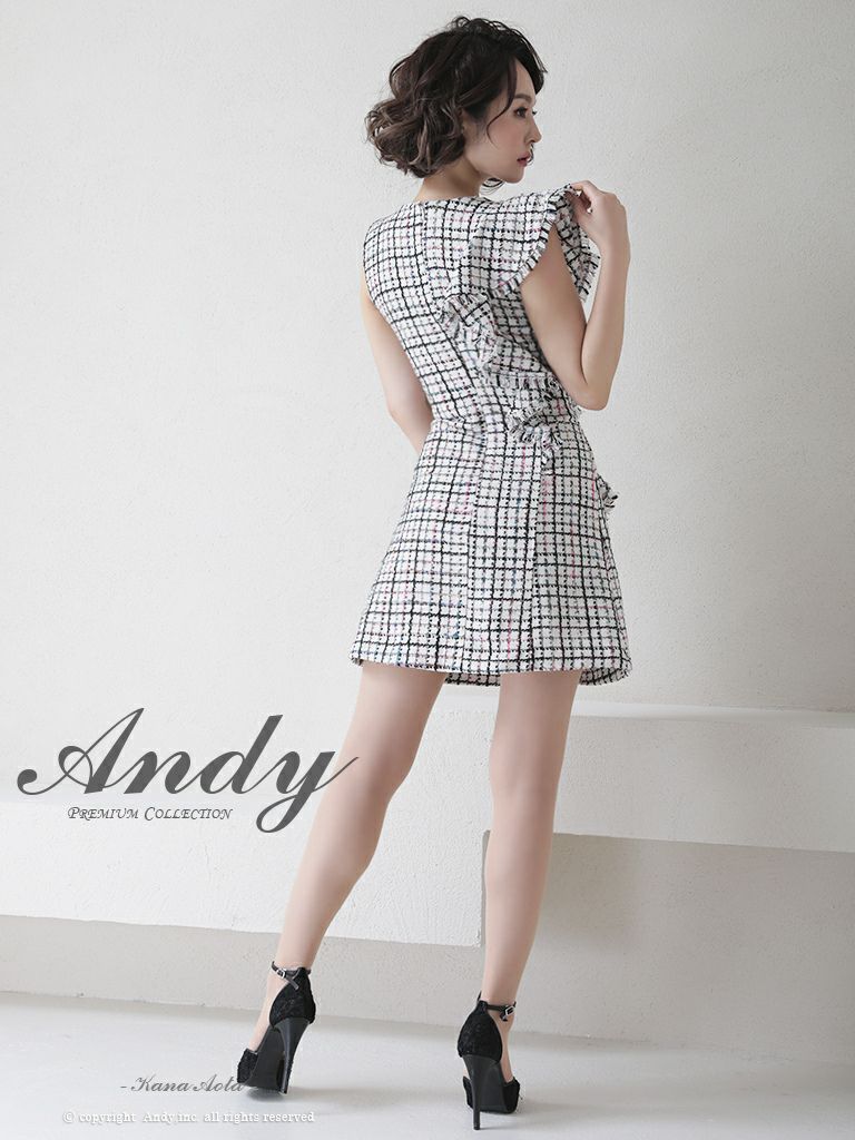 Andy [アンディ]ツイード チェック柄 フリル ワンピース 台形スカート 高級ミニドレス[ブラック][青田夏奈/高級キャバドレス着用][2710]