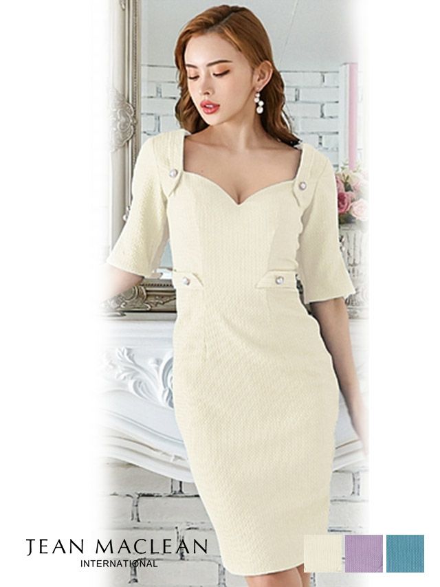 JEANMACLEAN [ジャンマクレーン]ワンカラー ハートカット ハーフスリーブ パールボタン ウエストマーク タイト 高級ひざ丈ドレス[ブルーグリーン][KAREN/キャバドレス着用][35874]