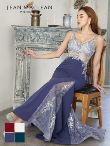 JEANMACLEAN [ジャンマクレーン]刺繍 シアー 切替 スピンドル マーメイド 高級ロングドレス[サルビアブルーシルバー][KAREN/キャバドレス着用][31397]
