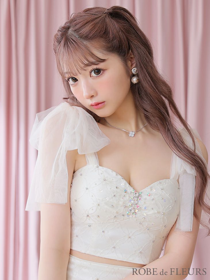 ROBE de FLEURS[ローブドフルール]リボンチュール ビジュー 刺繍 ワンカラー セットアップ スリット 高級ミニドレス[ピンク][さにゃ/キャバドレス着用][2774-0]