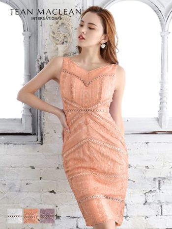 JEANMACLEAN [ジャンマクレーン]総レース ノースリーブ 切り替え ハイウエスト タイト 高級ミディアム丈ドレス[ダブグレー][KAREN/キャバドレス着用][35866]