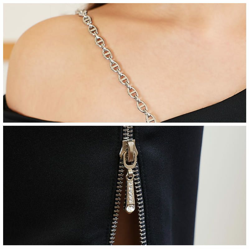 [Veautt][ヴュート]アシンメトリー チェーン オフショル ワンカラー ミディアム タイト 高級ひざ丈ドレス[ワインレッド][XSあり][ゆめ/キャバドレス着用][03233]