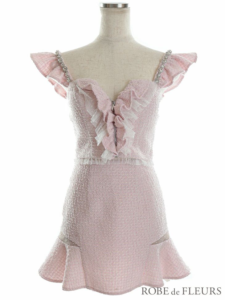 ROBE de FLEURS[ローブドフルール]パール フリル ジップ ノースリーブ マーメイド セットアップ タイト 高級ミニドレス[アイボリー][XS/Lあり][斎藤あみり/キャバドレス着用][2658]