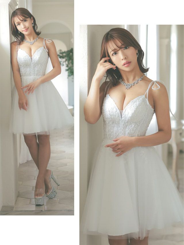 [インポート]ビジュー 刺繍 ワンカラー キャミソール チュール フレア 高級ミニドレス[ホワイト][XS/Lあり][橋本梨菜/キャバドレス着用][732]