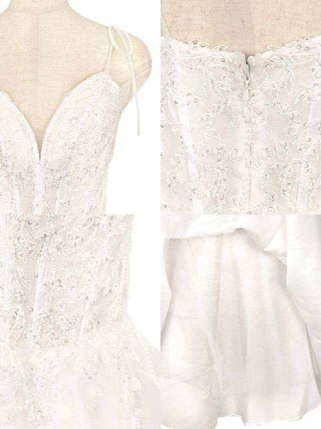 [インポート]ビジュー 刺繍 ワンカラー キャミソール チュール フレア 高級ミニドレス[ホワイト][XS/Lあり][橋本梨菜/キャバドレス着用][732]