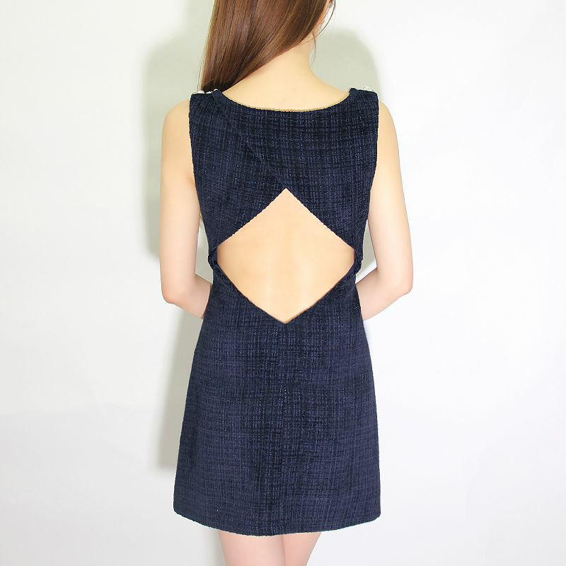 AngelR[エンジェルアール]ショルダー デコルテパール ビジューポケットツイード フレアミニドレス[ベージュ][REMI/高級キャバドレス着用][23348-1]