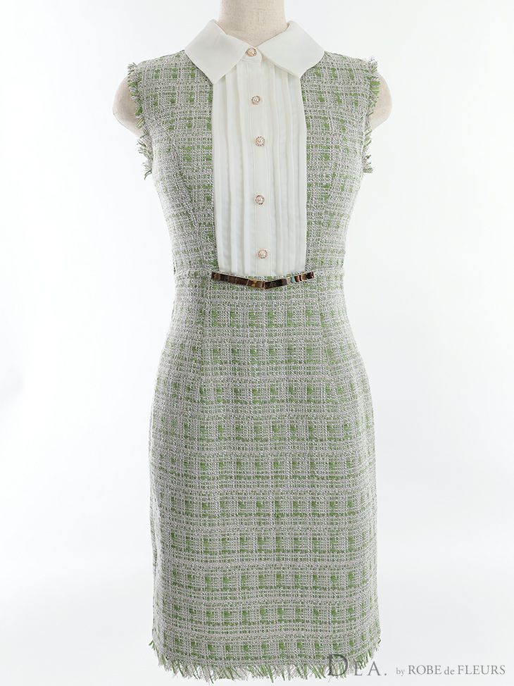 DEA by ROBEdeFLEURS[ディア バイ ローブドフルール]襟付き ツイード ノースリーブ タイトミニドレス[グリーン][Lあり][ゆりお/高級キャバドレス着用][2767-0]