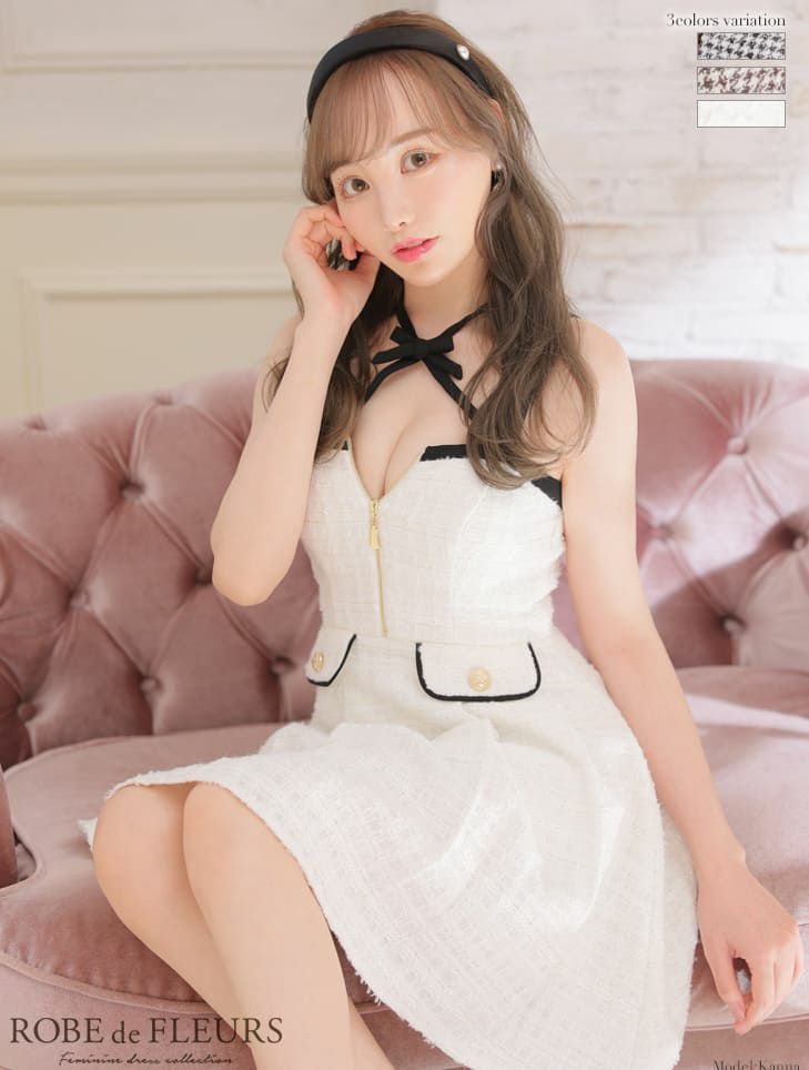 ROBEdeFLEURS[ローブドフルール]リボン チョーカー ツイード ノースリーブ フレアミニドレス[ブラック][えみう/高級キャバドレス着用][2656]