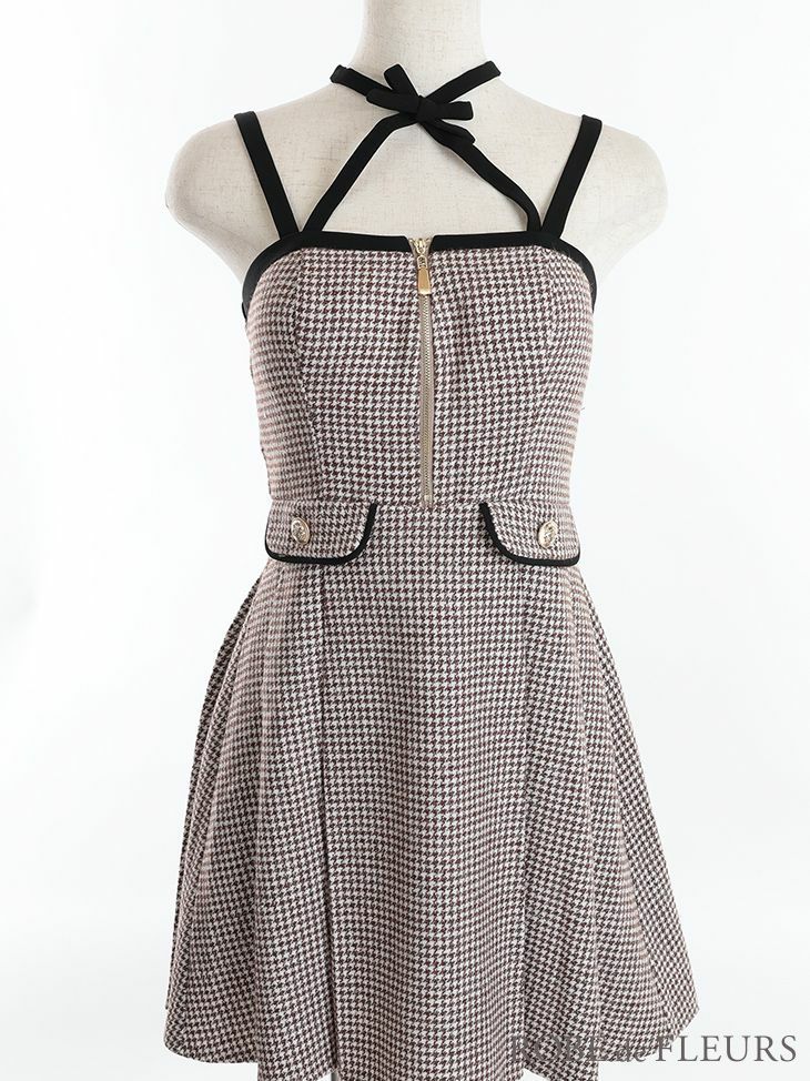 ROBEdeFLEURS[ローブドフルール]リボン チョーカー ツイード ノースリーブ フレアミニドレス[ブラック][えみう/高級キャバドレス着用][2656]