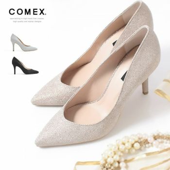 COMEX[コメックス]ラメ Vカット ピンヒール ポインテッドトゥ パンプス[ベージュラメ][21.5cm/25smあり][9cmヒール][4001]