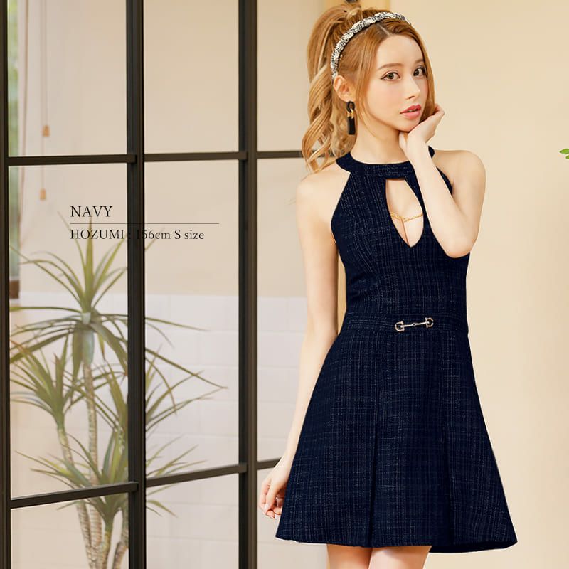 予約商品【9月中旬入荷予定】【PURESS/ピュアレス】オープン バストオープンベルト ビジューチャームモダン バスト ノースリーブ フレアミニドレス (PS802304)