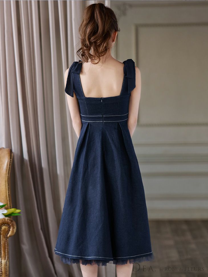 【DEA.by ROBE de FLEURS/ディア】ノースリーブ ショルダーリボン チュール フレアひざ丈ドレス