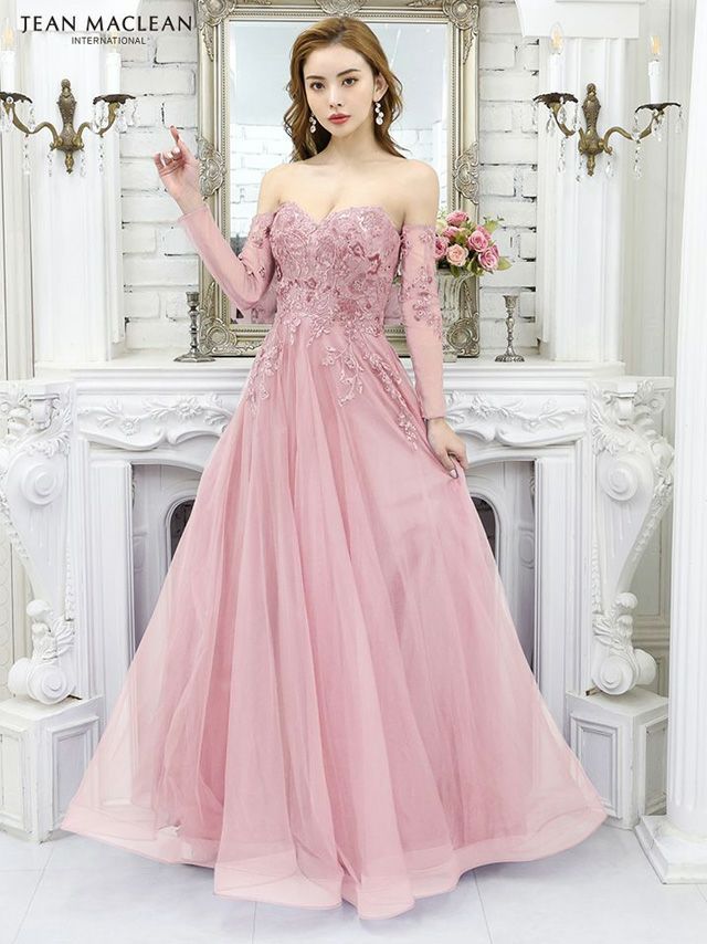 【JEANMACLEAN/ジャンマクレーン】フラワーレース 姫 スリーブ付き ベアトップ フレアロングドレス