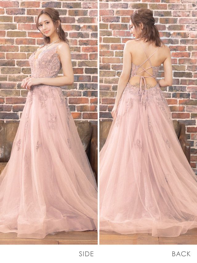 【LaLaTulle USA/インポート】バストシアー フラワー刺繍 バックオープンレース アップチュール スリットキャミソール ロングドレス