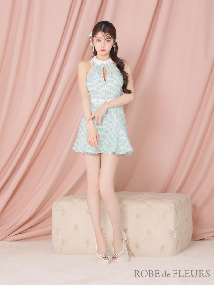 【ROBEdeFLEURS/ローブドフルール】 襟付き ビジュー フロントジップ セットアップ フレアミニドレス
