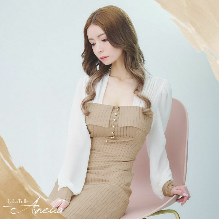 【Anella/アネラ】ストライプ 切り替え シースルー 長袖 ひざ丈ドレス