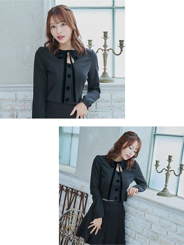 【Anella/アネラ】シンプル リボン ボタン セットアップ 長袖 フレアミニドレス