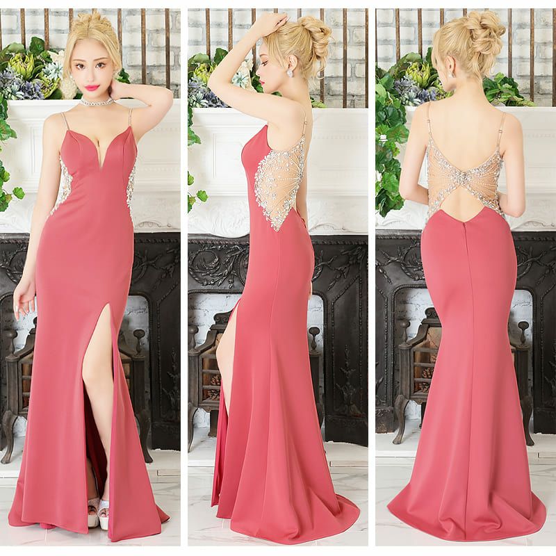 Angel R/エンジェルアール】バックビジュー キャミソール ワンカラー タイトロングドレス