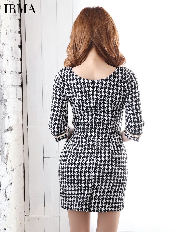 【IRMA/イルマ】千鳥柄 バストジップ ウエストカット 長袖 タイトミニドレス
