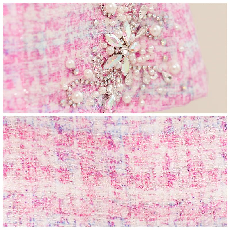 【PURESS/ピュアレス】フラワー ビジュー サイドカットベルト ツイード フレアミニドレス