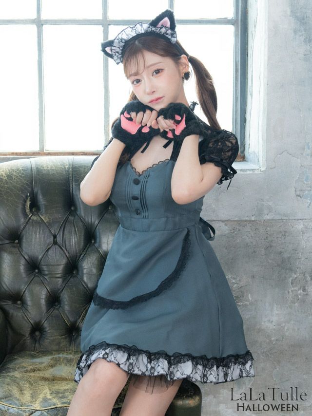 コスプレ クラシック メイド 猫 体型カバー フレア スカート ガーリー アニマル 衣装4点セット