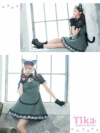 コスプレ クラシック メイド 猫 体型カバー フレア スカート ガーリー アニマル 衣装4点セット