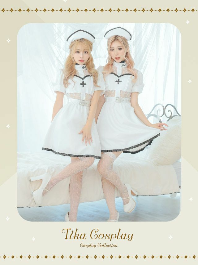 コスプレ ナース セクシー パイピング レザー レース 体型カバー フレア スカート ガーリー ペア 衣装4点セット