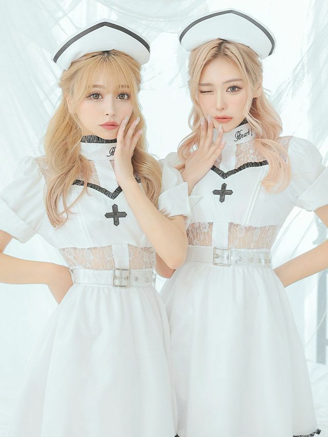 コスプレ ナース セクシー パイピング レザー レース 体型カバー フレア スカート ガーリー ペア 衣装4点セット