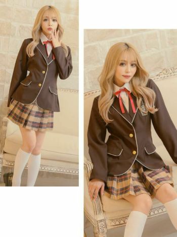 コスプレ 制服 スクール ブレザー 袖あり フレア スカート ペア チェック 衣装3点セット