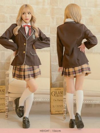 コスプレ 制服 スクール ブレザー 袖あり フレア スカート ペア チェック 衣装3点セット