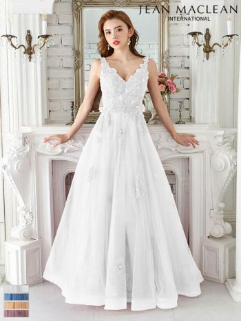 【JEANMACLEAN/ジャンマクレーン】フラワー刺繍 シンプル チュール ノースリーブ フレアロングドレス