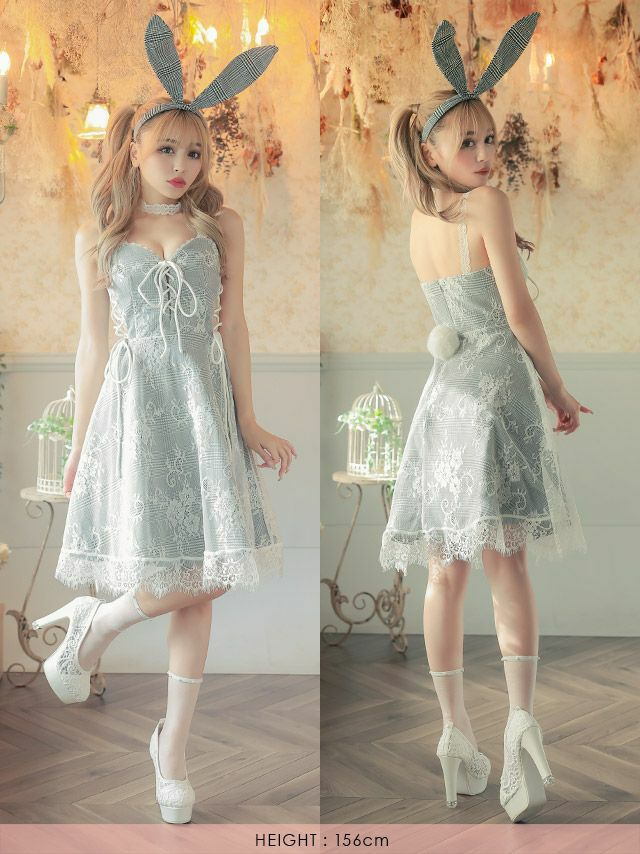 コスプレ バニー グレンチェック ラッセルレース ペア 体型カバー フレア スカート 衣装4点セット