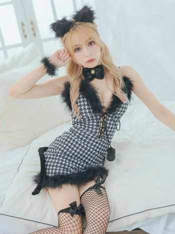 コスプレ セクシー 猫 千鳥格子 編み上げ ふわふわ フェザー ペア アニマル 衣装5点セット