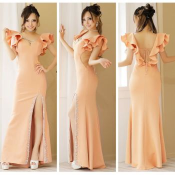 【Angel R/エンジェルアール】ビジュースリット ショルダー フリル ストレッチ　タイトロングドレス