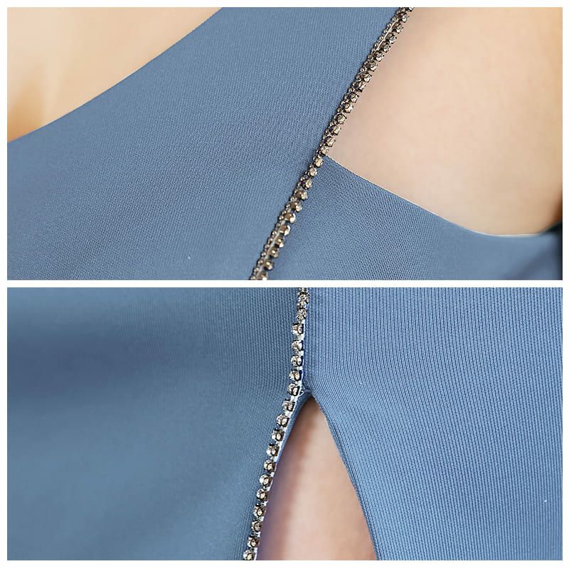 【Veautt/ヴュート】ストレッチ ワンカラー 2WAYショルダー ラインビジュー サイドスリット タイトひざ丈ドレス