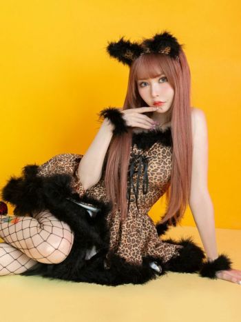 コスプレ レオパード セクシー ギャル 猫 フェザー 体型カバー フレア スカート ペア アニマル 衣装3点セット