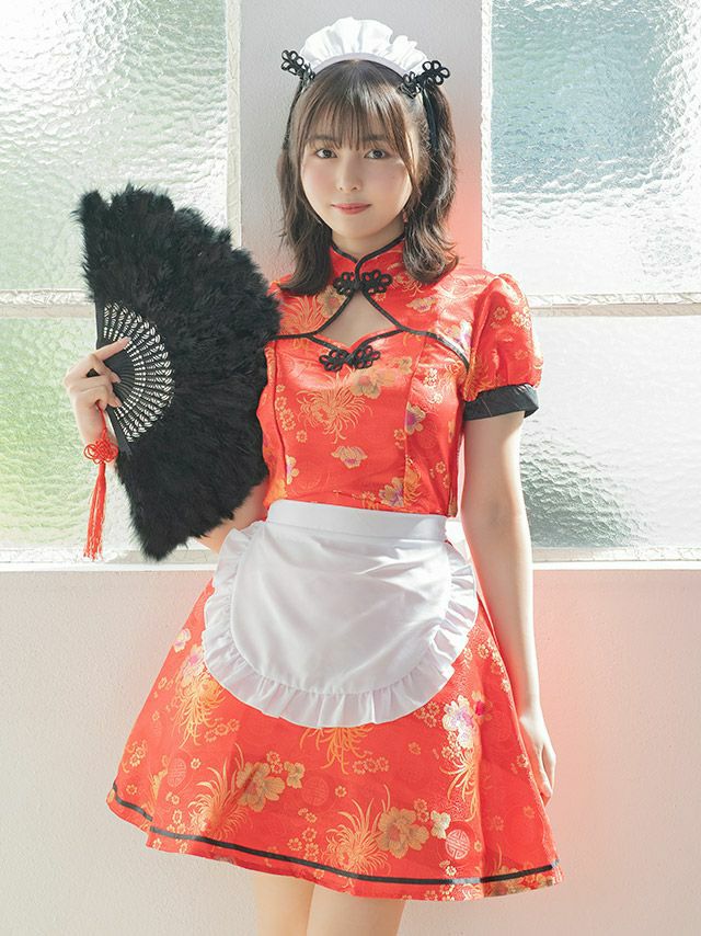コスプレ メイド チャイナ ドレス フレア スカート 体型カバー ガーリー ペア 衣装3点セット