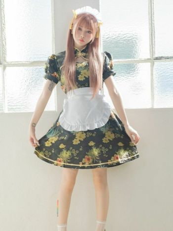 コスプレ メイド チャイナ ドレス フレア スカート 体型カバー ガーリー ペア 衣装3点セット
