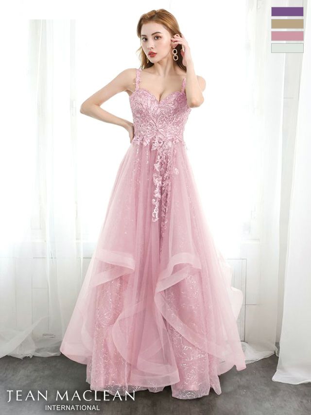 【JEANMACLEAN/ジャンマクレーン】シンプル ワンカラー キャミソール 刺繍レース チュール フレアロングドレス