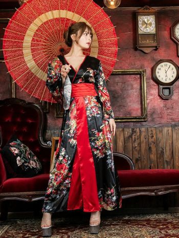 コスプレ 花魁 和装 サテン フラワープリント ロングドレス 衣装2点セット