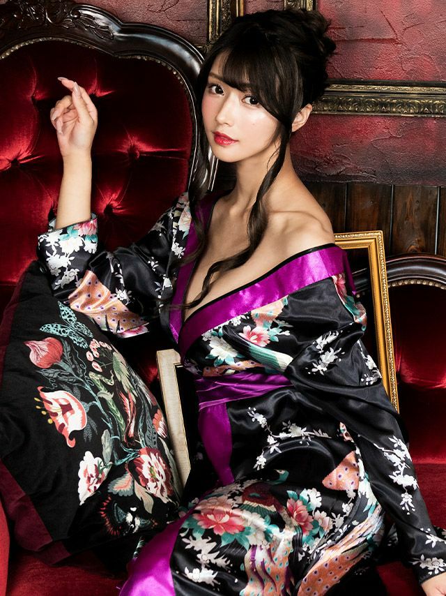 コスプレ 花魁 和装 サテン フラワープリント ロングドレス 衣装2点セット