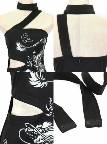 コスプレ ドラゴン プリント ブラック チャイナ ドレス ロング丈 セクシー カットアウト デザイン 衣装1点セット