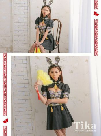  2way 袖あり フレアスカート レオパード チャイナバニー