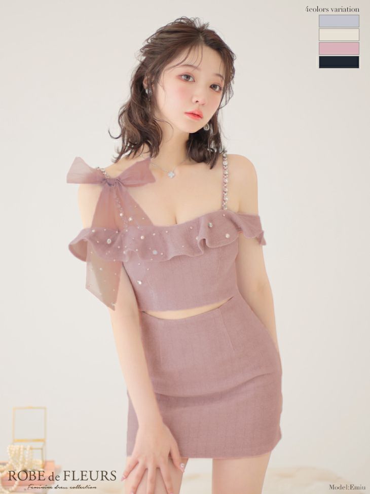 ROBEdeFLEURS/ローブドフルール】ウエストカット リボン フリル パール  