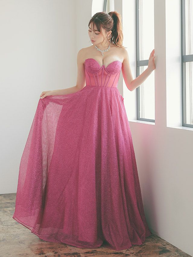 ベアトップ ワンカラー シースルーコルセット ラメ Aライン フレアロングドレス