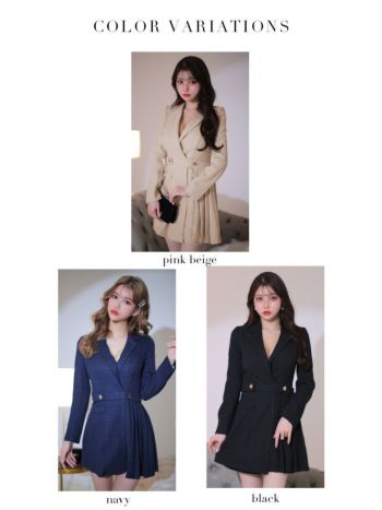 長袖 スーツライク ワンカラー vネック インナーボトムス付 フレアミニドレス