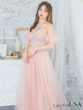 キャバドレス LaLaTulle USA インポート オープンバスト コルセット風 立体フラワー パフスリーブ付き ラメチュール バックレースアップ バースデー Aラインロングドレス