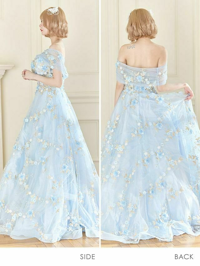 【LaLaTulle USA/インポート】 ショール付き ベア3D フラワー ゴールドリーフ 2WAY ラメチュール ロングバースデードレス